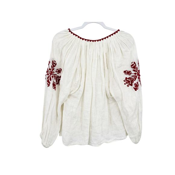 Nili Lotan White Red Embroidered Linen Long Sleeve Split Neck Peasant Top Sz XS - Picture 2 of 5